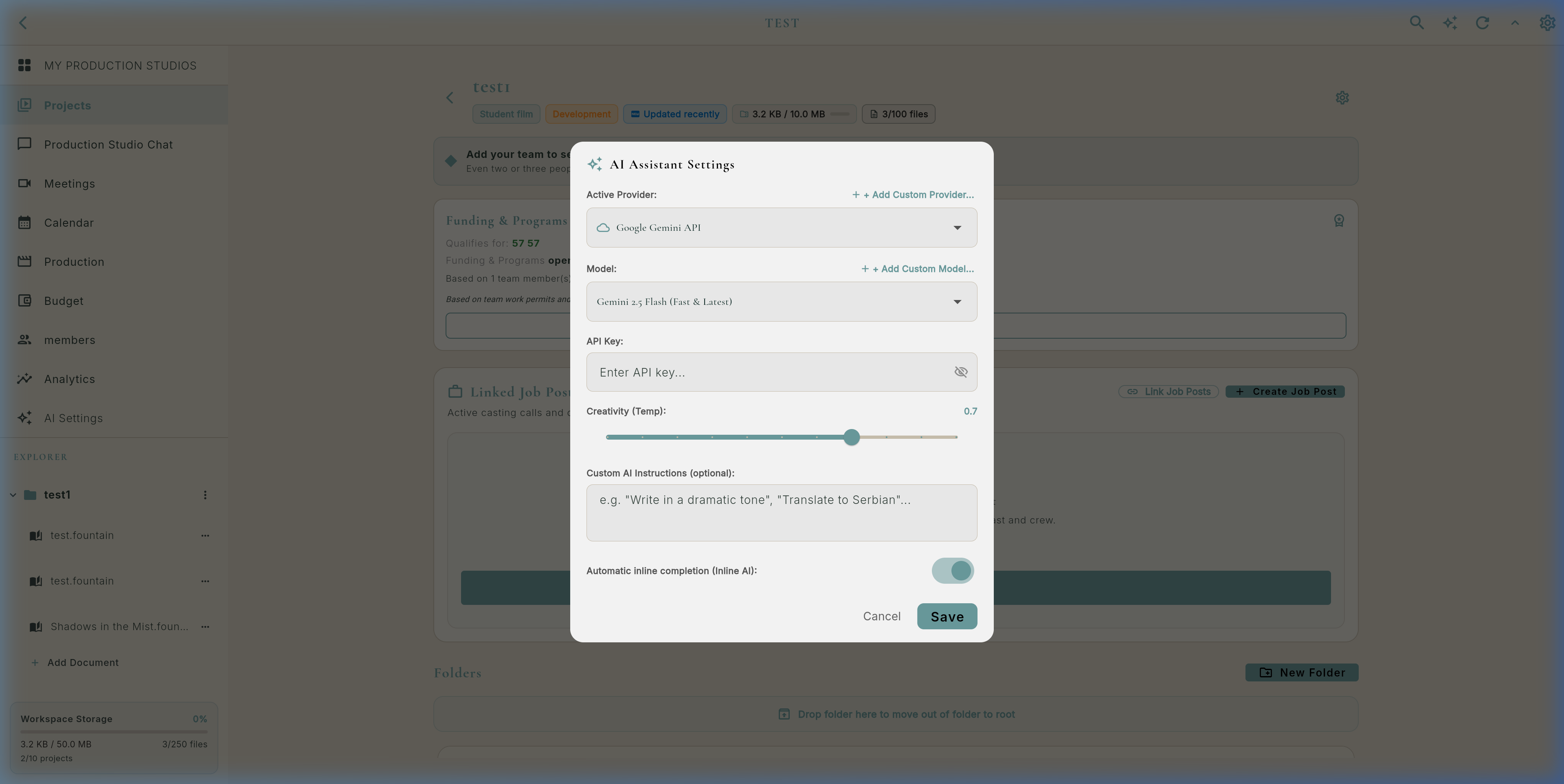 Real AI Settings Dialog