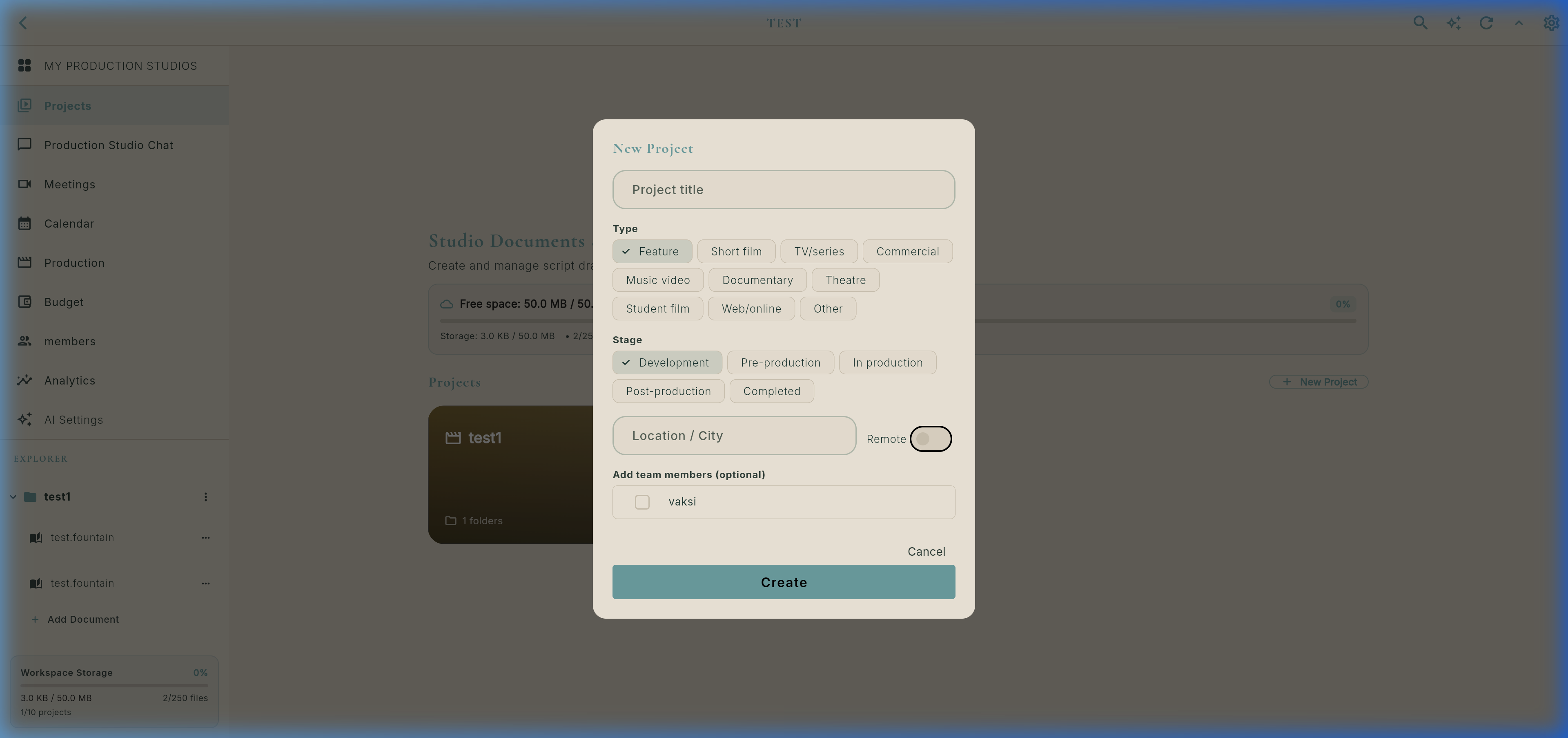 Real Project Creation Modal